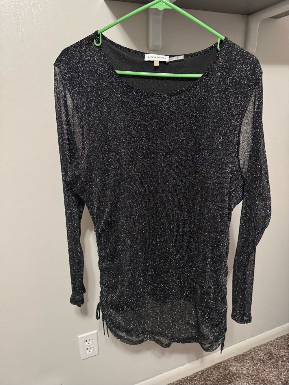 Calvin Klein Shimmery Black Long-Sleeve Ruched Tee